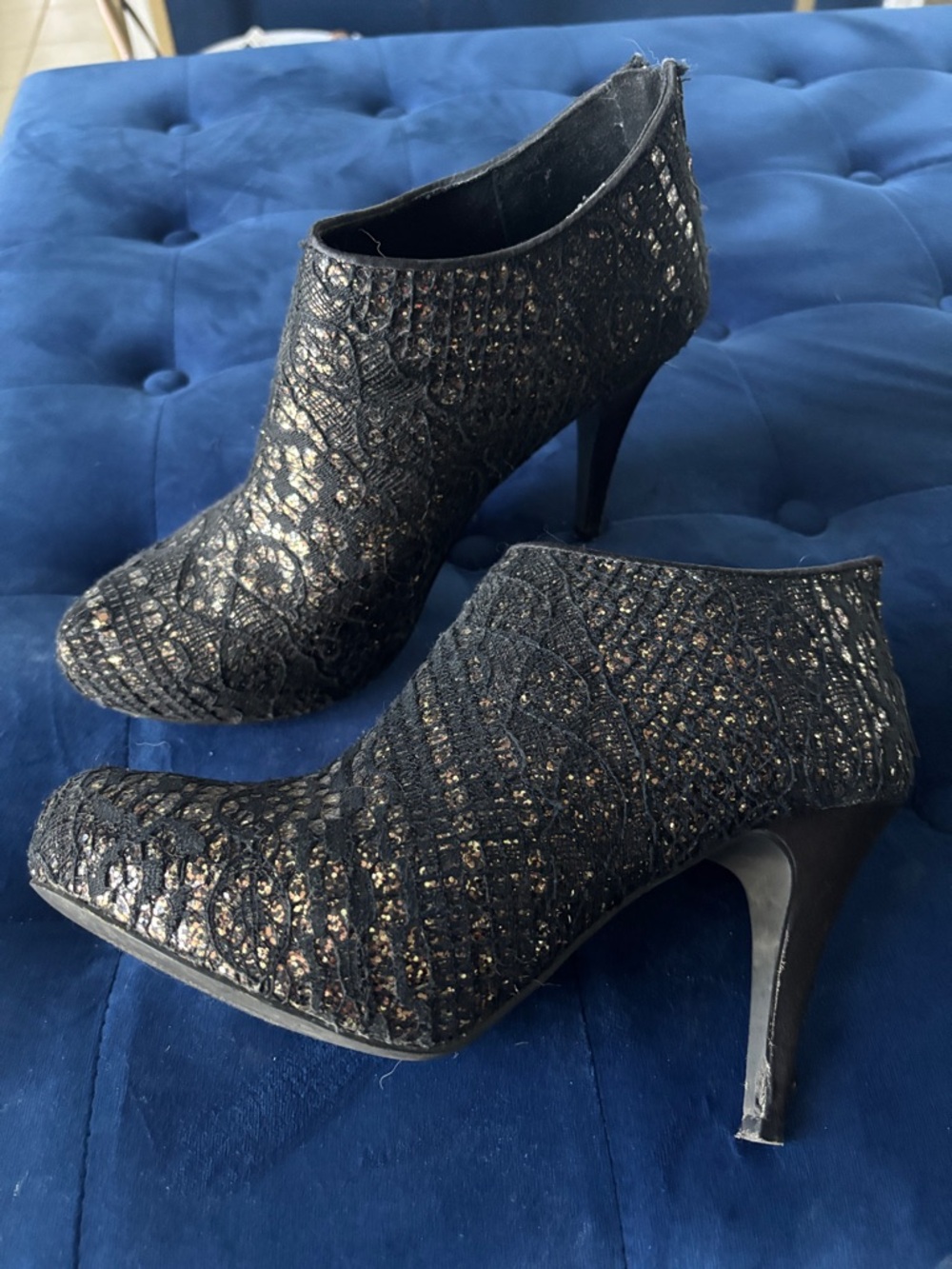 Maurices Black Lace & Gold Glitter Ankle Booties